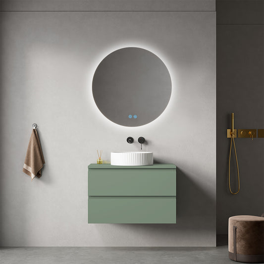 Mobile bagno sospeso 80 cm Verde Salvia per Lavabo d'appoggio Specchio Tondo Retroilluminato - Fiji Paint