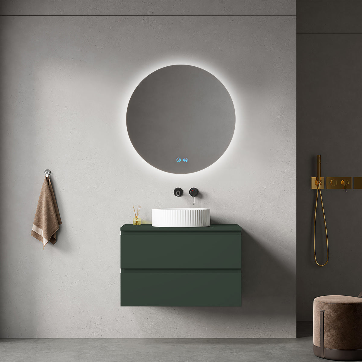 Mobile bagno sospeso 80 cm Verde Comodoro per Lavabo d'appoggio Specchio Tondo Retroilluminato - Fiji Paint Top