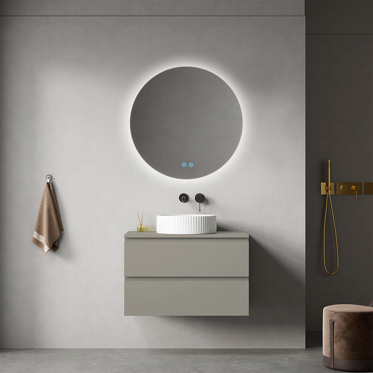 Mobile bagno sospeso 80 cm Grigio Cenere per Lavabo d'appoggio Specchio Tondo Retroilluminato - Fiji Paint Top