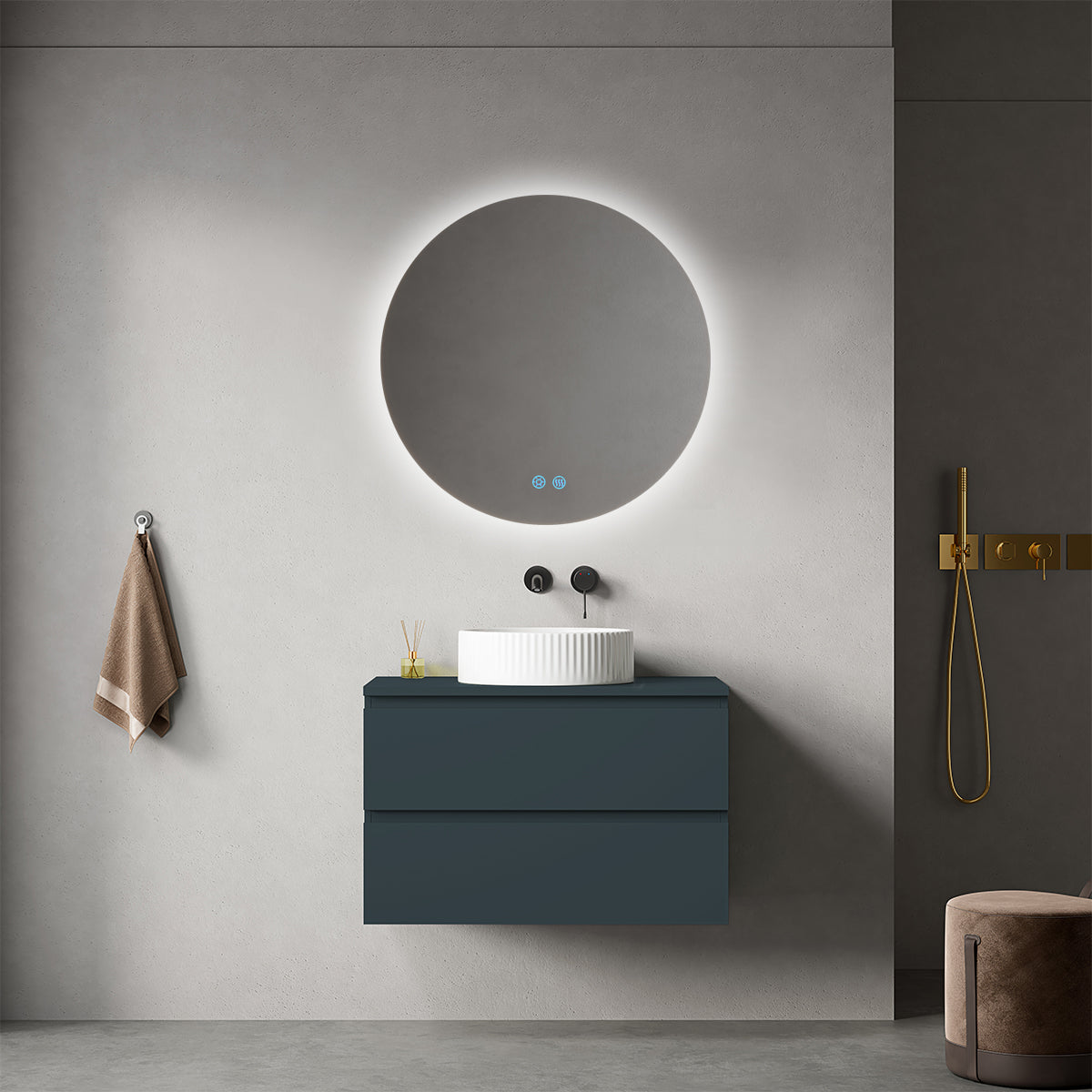 Mobile bagno sospeso 80 cm Blu Mare per Lavabo d'appoggio Specchio Tondo Retroilluminato - Fiji Paint Top