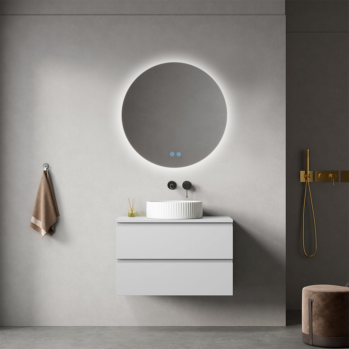 Mobile bagno sospeso 80 cm Bianco Opaco per Lavabo d'appoggio Specchio Tondo Retroilluminato - Fiji Paint Top