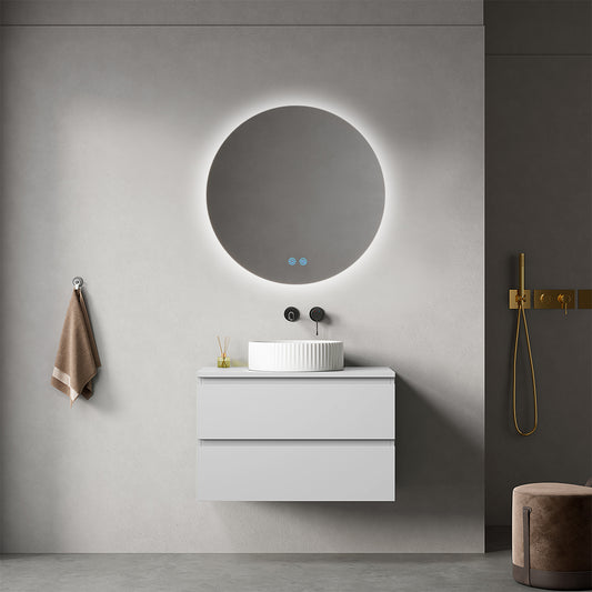 Mobile bagno sospeso 80 cm Bianco Opaco per Lavabo d'appoggio Specchio Tondo Retroilluminato - Fiji Paint Top