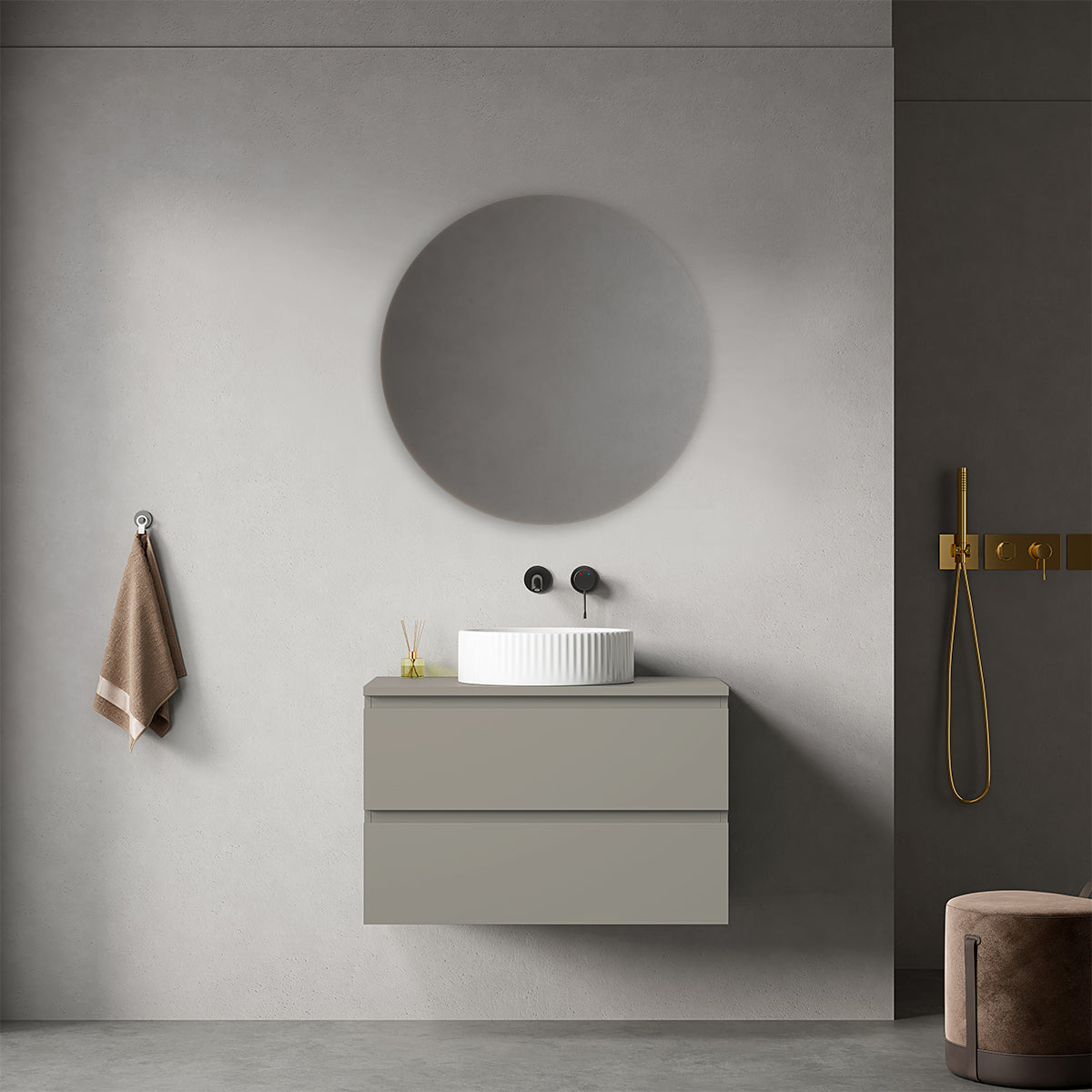 Mobile bagno sospeso 80 cm Grigio Cenere per Lavabo d'appoggio Specchio Tondo - Fiji Paint Top