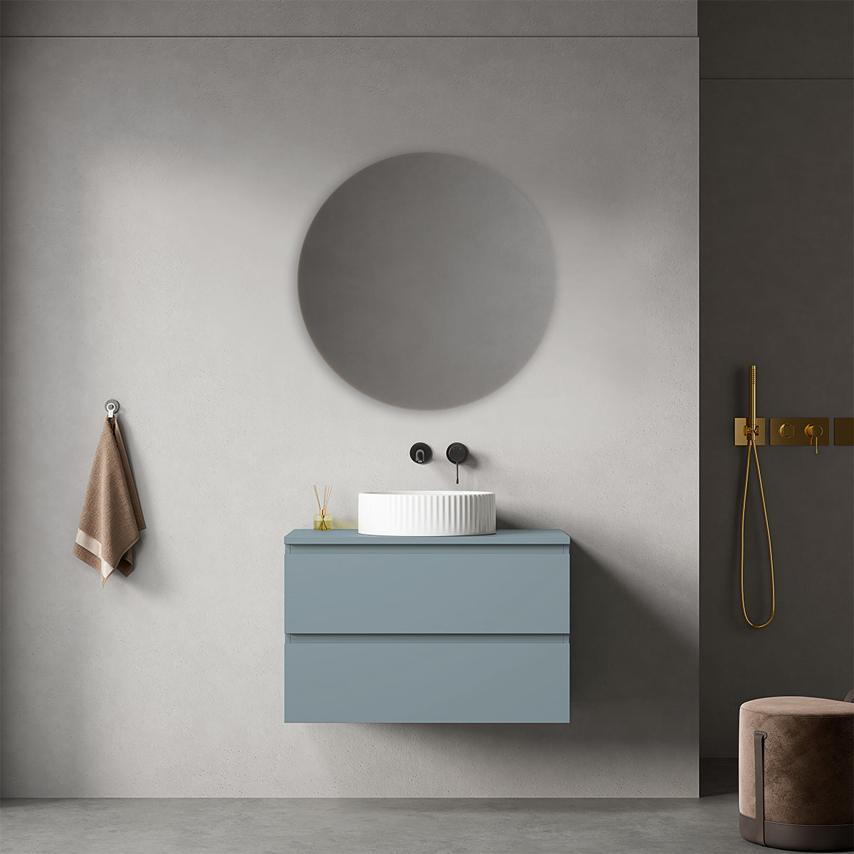 Mobile bagno sospeso 80 cm Blu Avio per Lavabo d'appoggio Specchio Tondo - Fiji Paint Top