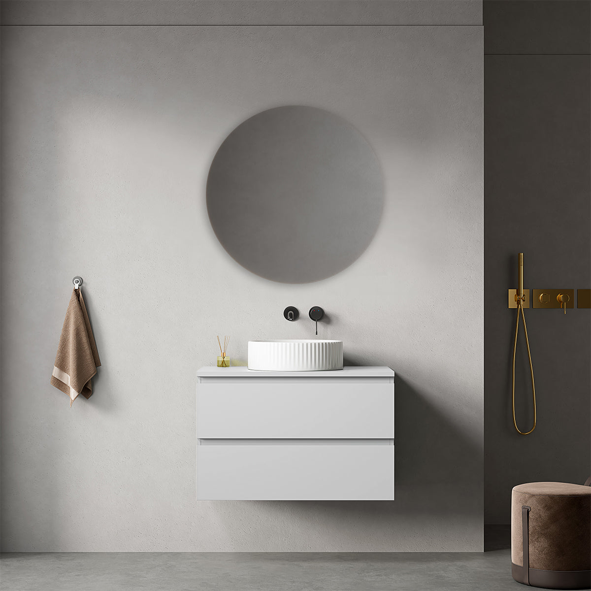 Mobile bagno sospeso 80 cm Bianco Opaco per Lavabo d'appoggio Specchio Tondo - Fiji Paint Top