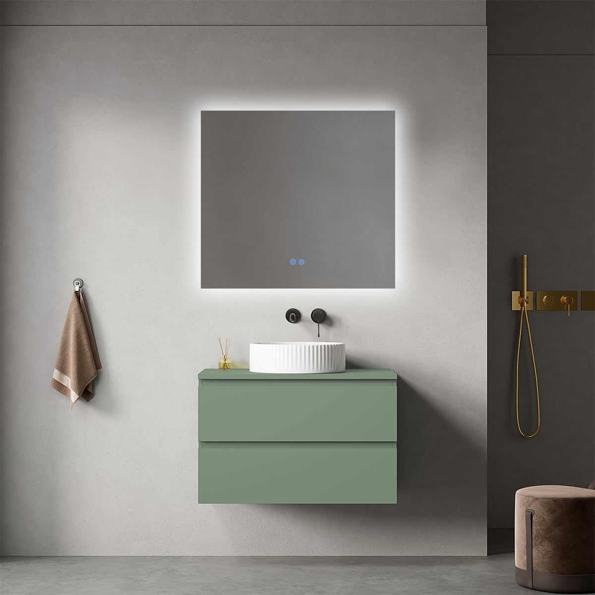 Mobile bagno sospeso 80 cm Verde Salvia per Lavabo d'appoggio Specchio Quadro Retroilluminato - Fiji Paint Top