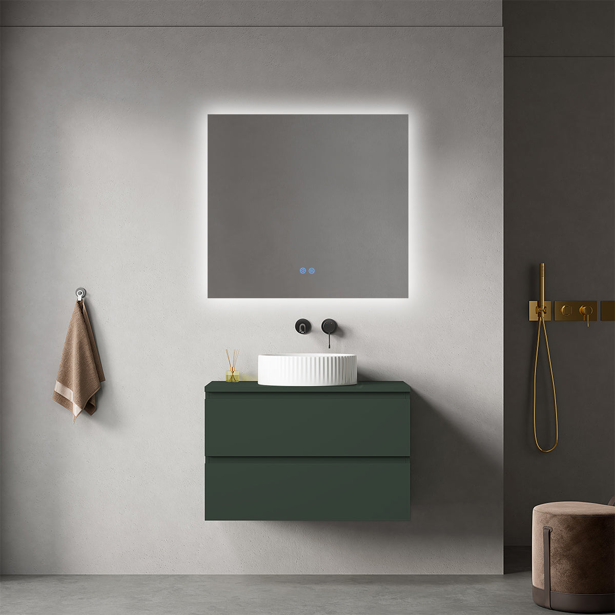 Mobile bagno sospeso 80 cm Verde Comodoro per Lavabo d'appoggio Specchio Quadro Retroilluminato - Fiji Paint Top
