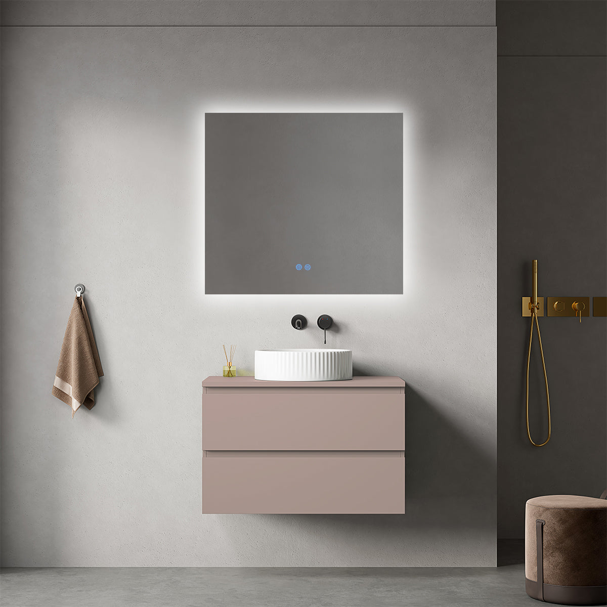 Mobile bagno sospeso 80 cm Rosa Retrò per Lavabo d'appoggio Specchio Quadro Retroilluminato - Fiji Paint Top
