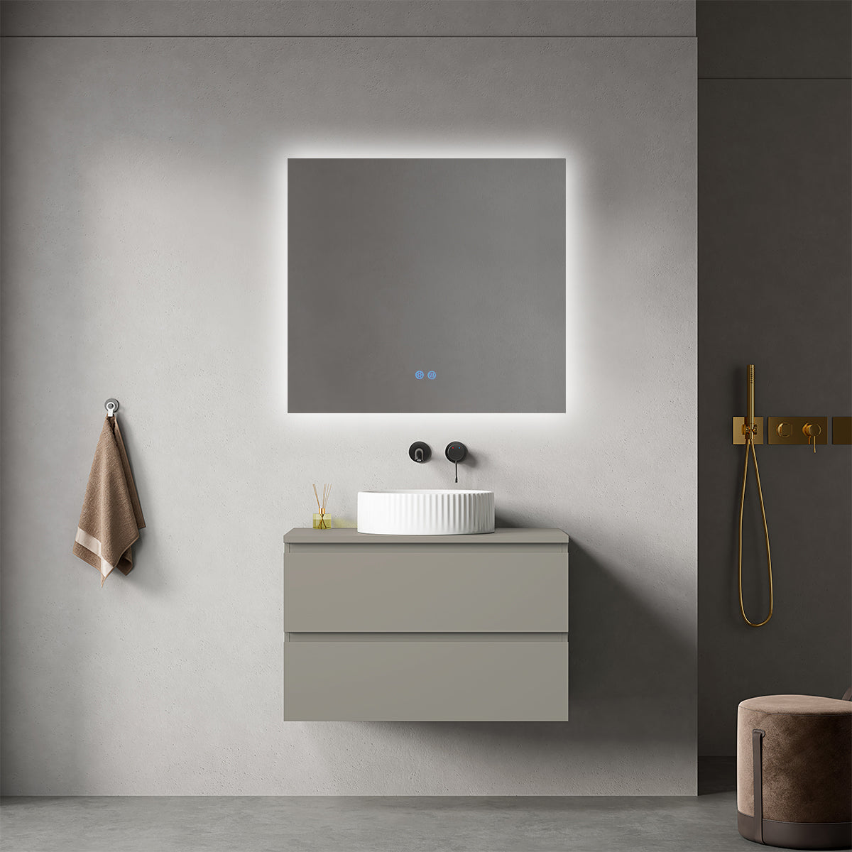 Mobile bagno sospeso 80 cm Grigio Cenere per Lavabo d'appoggio Specchio Quadro Retroilluminato - Fiji Paint Top