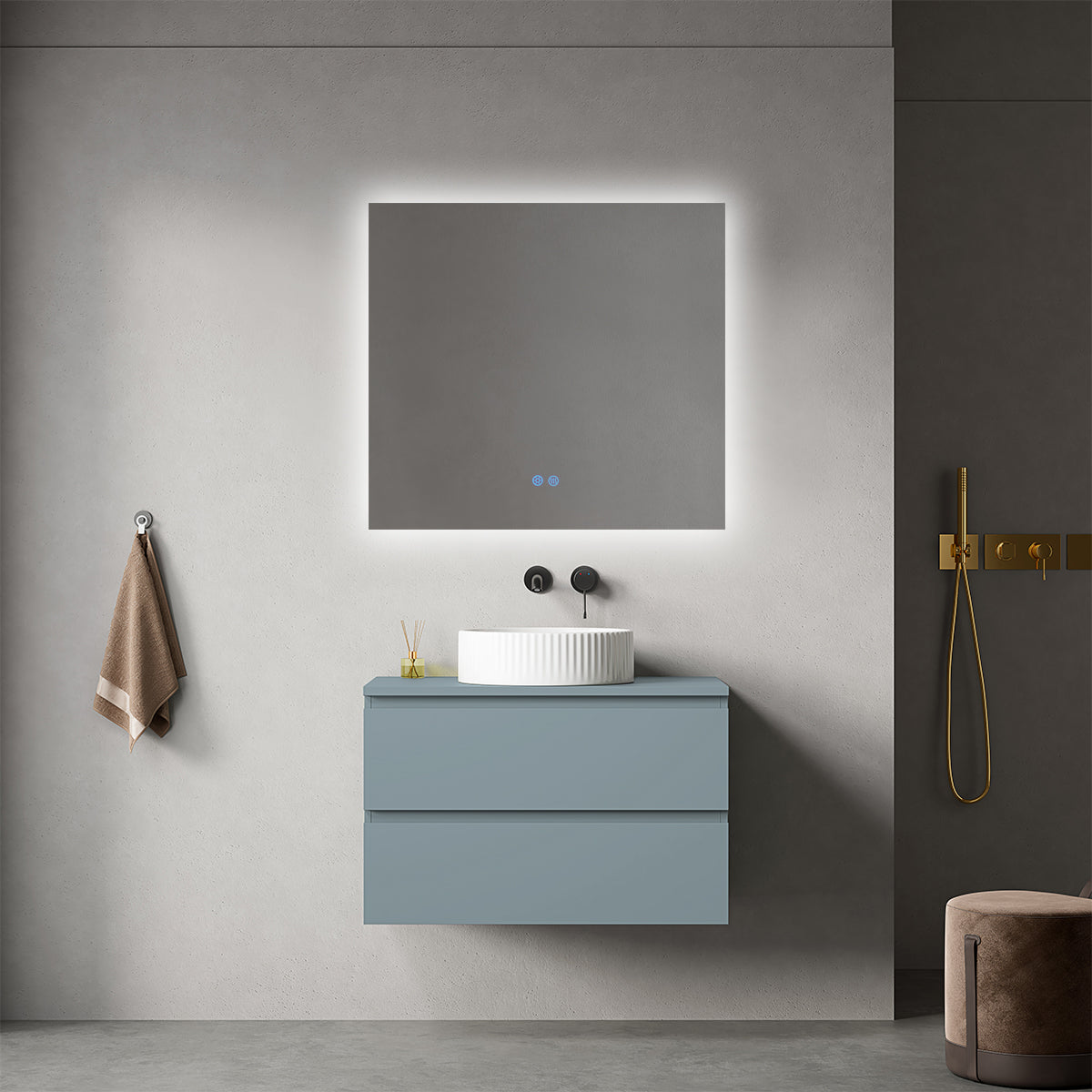 Mobile bagno sospeso 80 cm Blu Avio per Lavabo d'appoggio Specchio Quadro Retroilluminato - Fiji Paint Top