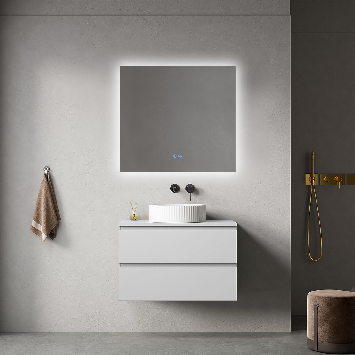 Mobile bagno sospeso 80 cm Bianco Opaco per Lavabo d'appoggio Specchio Quadro Retroilluminato - Fiji Paint Top