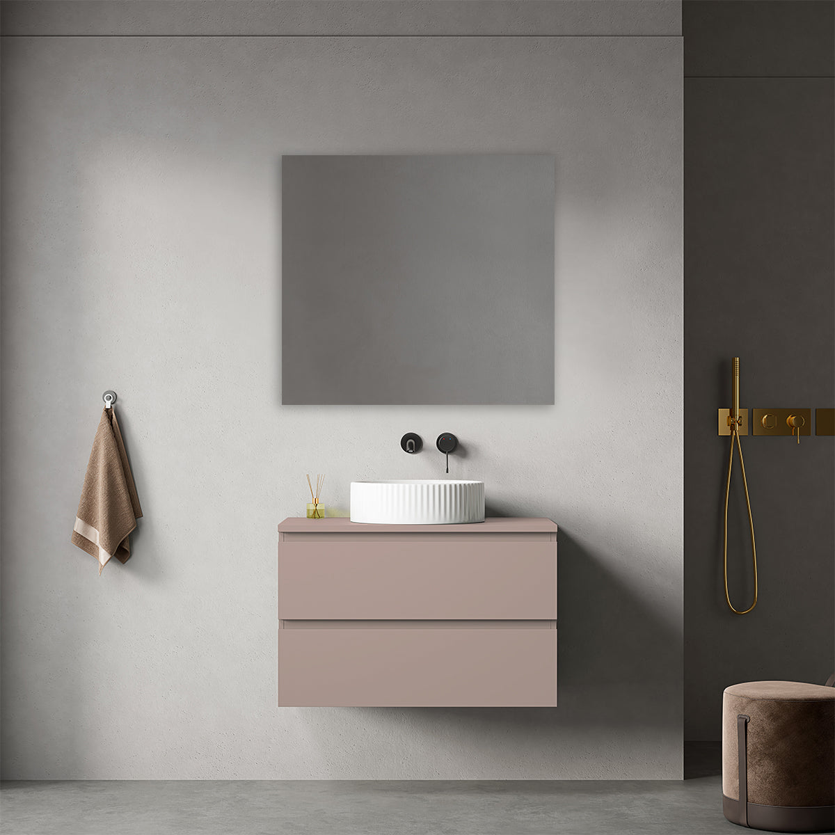 Mobile bagno sospeso 80 cm Rosa Retrò per Lavabo d'appoggio Specchio Quadro - Fiji Paint Top