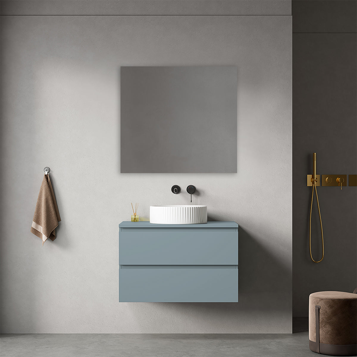 Mobile bagno sospeso 80 cm Blu Avio per Lavabo d'appoggio Specchio Quadro - Fiji Paint Top