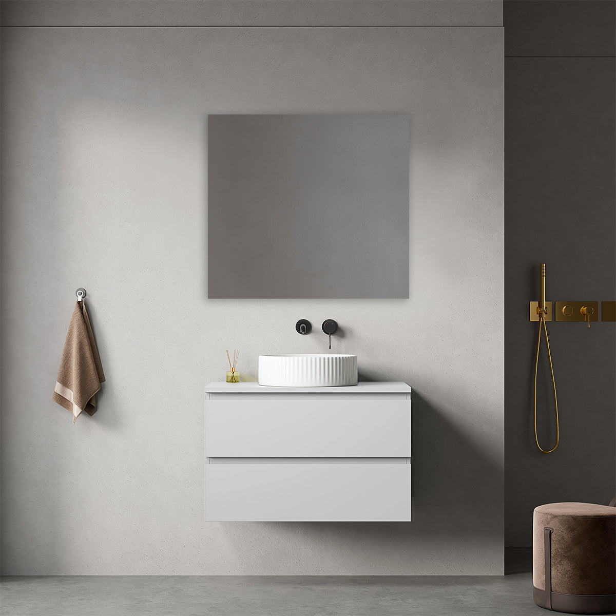 Mobile bagno sospeso 80 cm Bianco Opaco per Lavabo d'appoggio Specchio Quadro - Fiji Paint Top