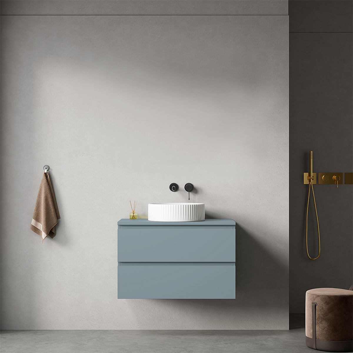 Mobile bagno sospeso 80 cm Blu Avio per Lavabo d'appoggio Senza Specchio - Fiji Paint Top