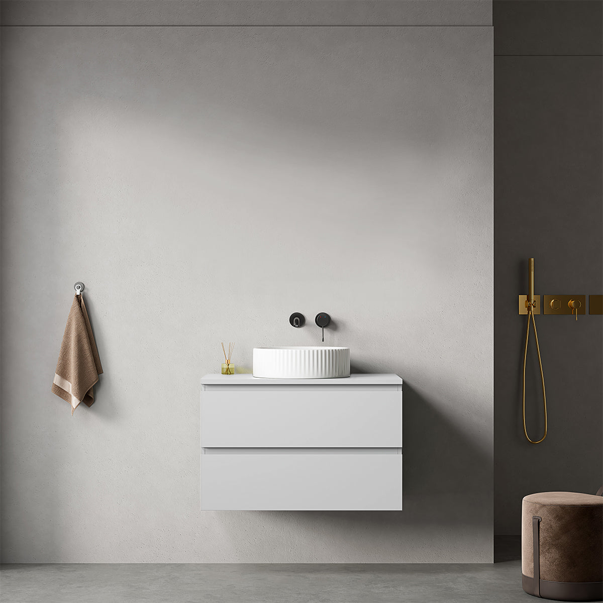 Mobile bagno sospeso 80 cm Bianco Opaco per Lavabo d'appoggio Senza Specchio - Fiji Paint Top