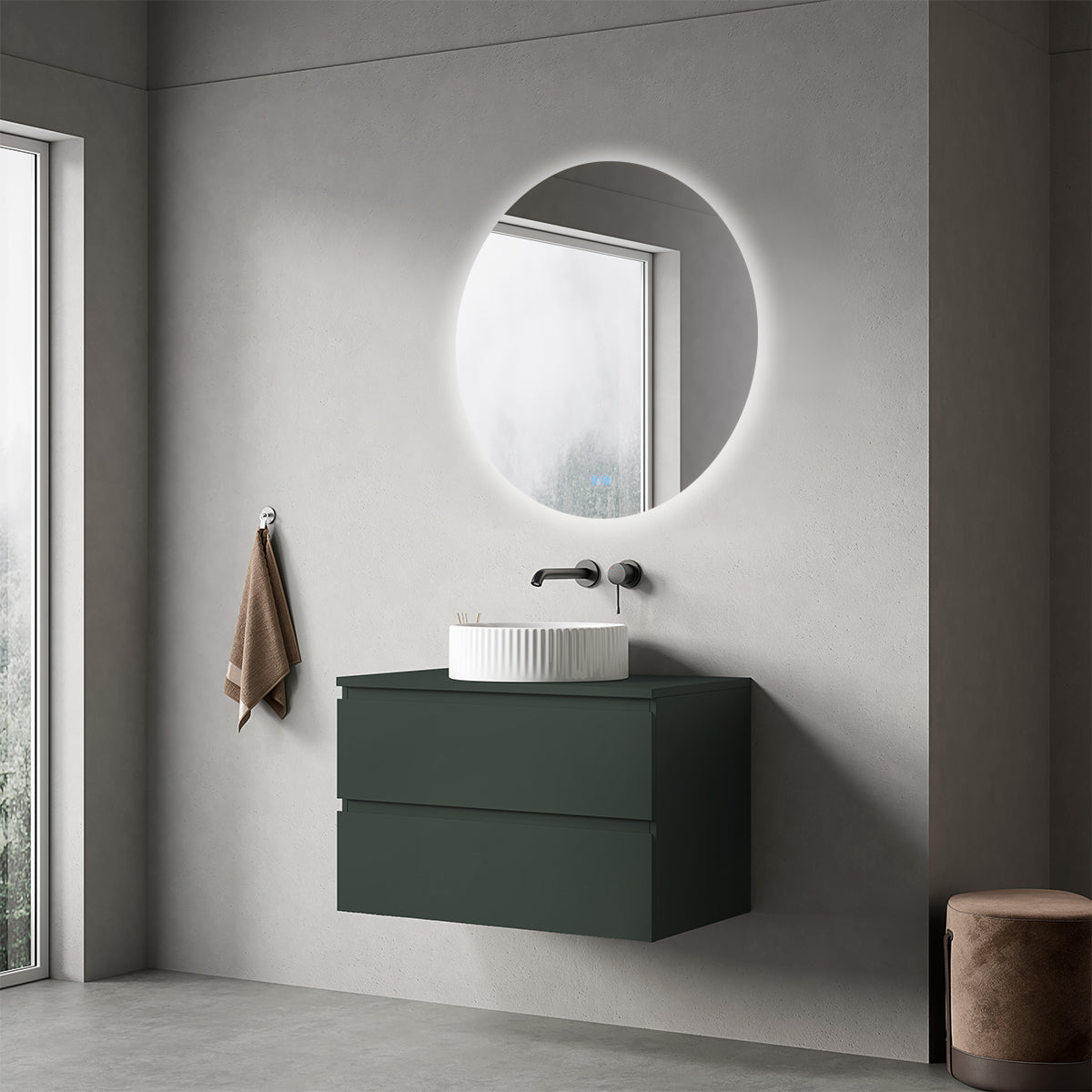 Mobile bagno sospeso 80 cm Verde Comodoro per Lavabo d'appoggio Specchio Tondo Retroilluminato - Fiji Paint Top