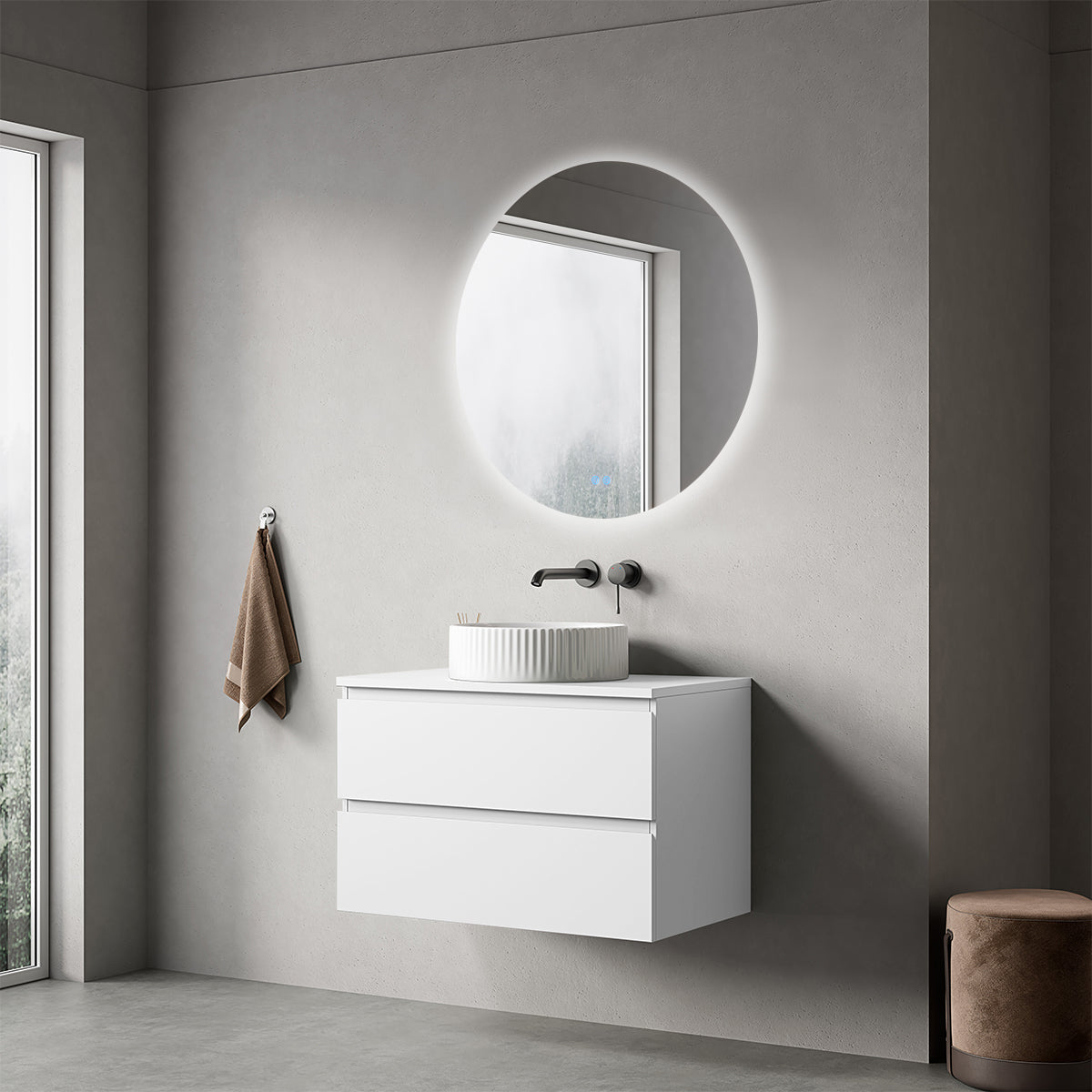 Mobile bagno sospeso 80 cm Bianco Opaco per Lavabo d'appoggio Specchio Tondo Retroilluminato - Fiji Paint Top