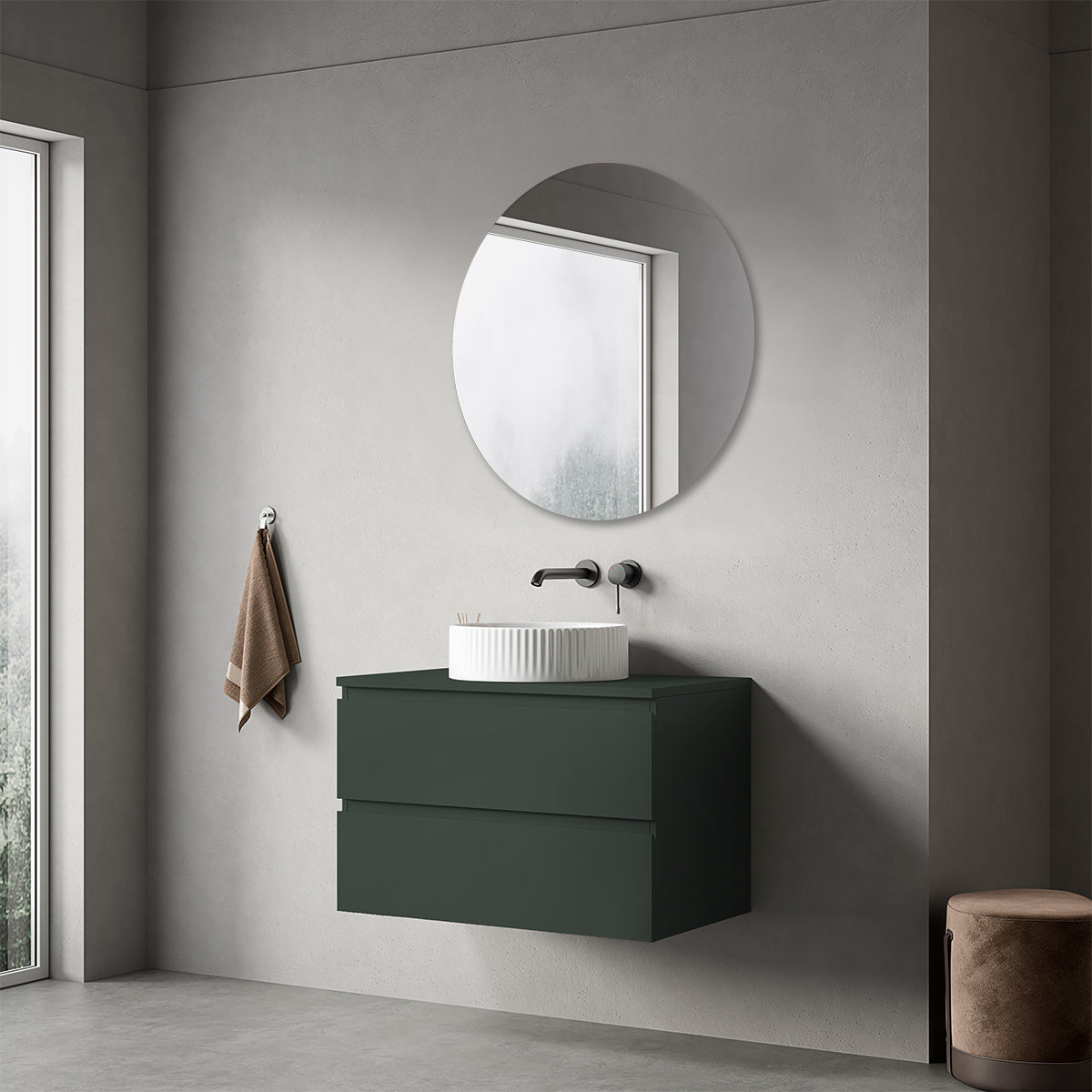 Mobile bagno sospeso 80 cm Verde Comodoro per Lavabo d'appoggio Specchio Tondo - Fiji Paint Top