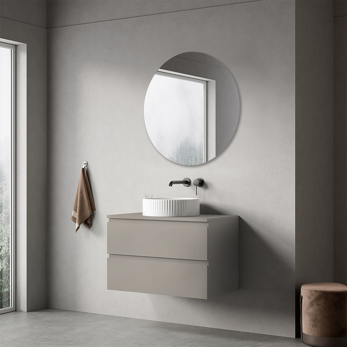 Mobile bagno sospeso 80 cm Grigio Cenere per Lavabo d'appoggio Specchio Tondo - Fiji Paint Top