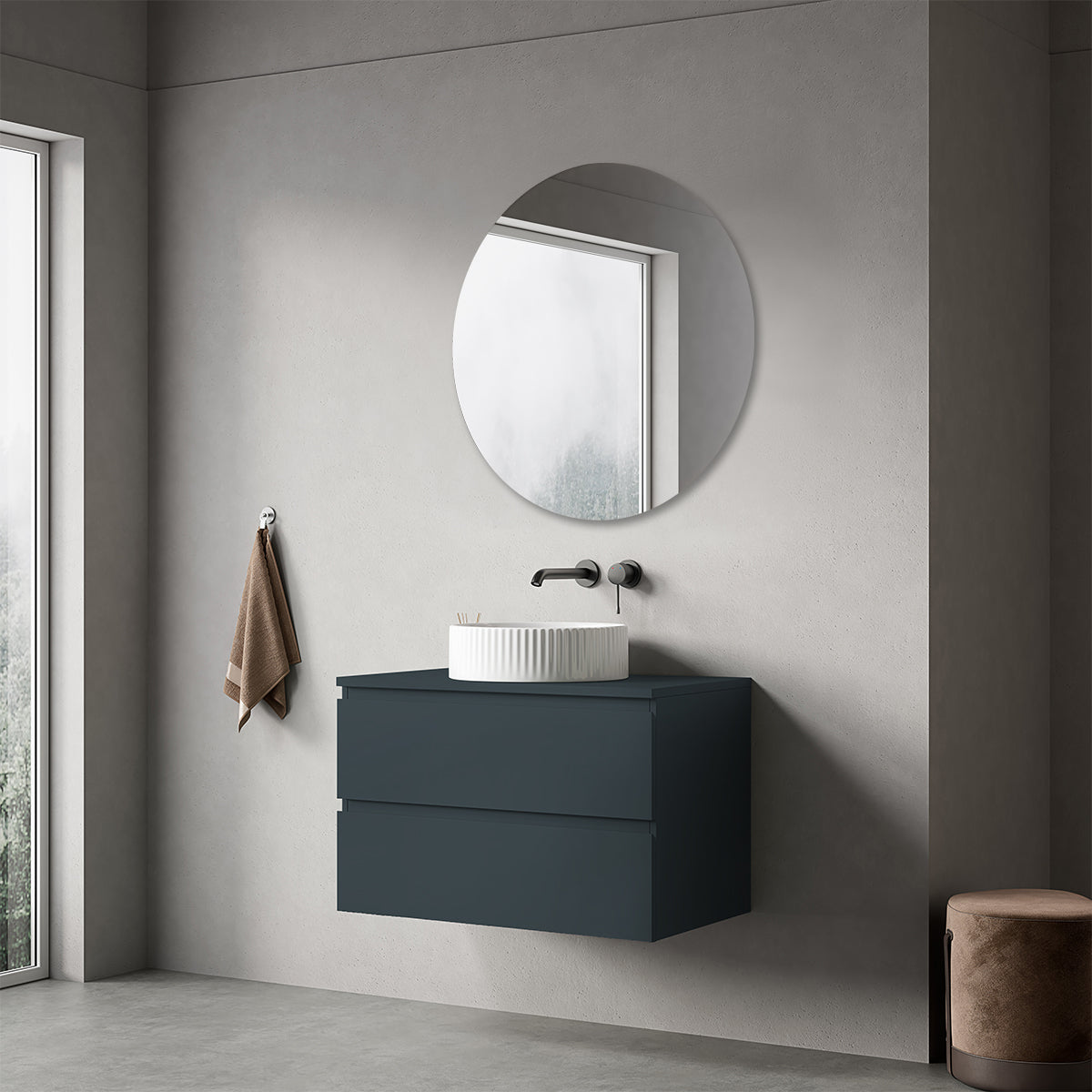 Mobile bagno sospeso 80 cm Blu Mare per Lavabo d'appoggio Specchio Tondo - Fiji Paint Top