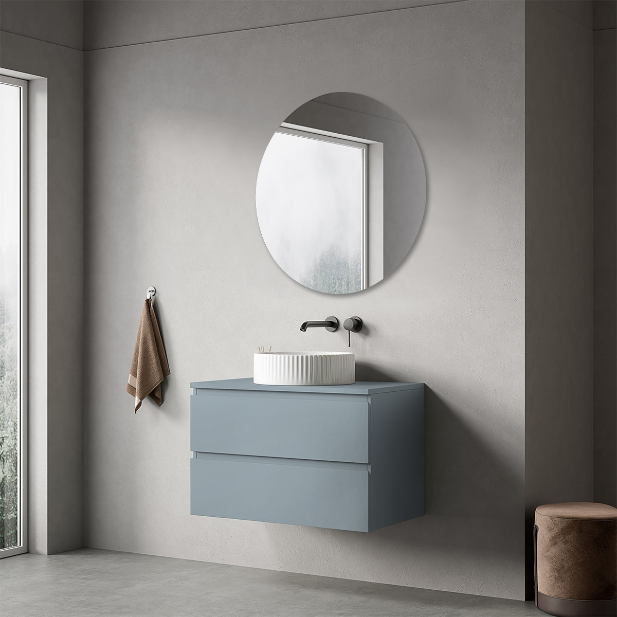 Mobile bagno sospeso 80 cm Blu Avio per Lavabo d'appoggio Specchio Tondo - Fiji Paint Top
