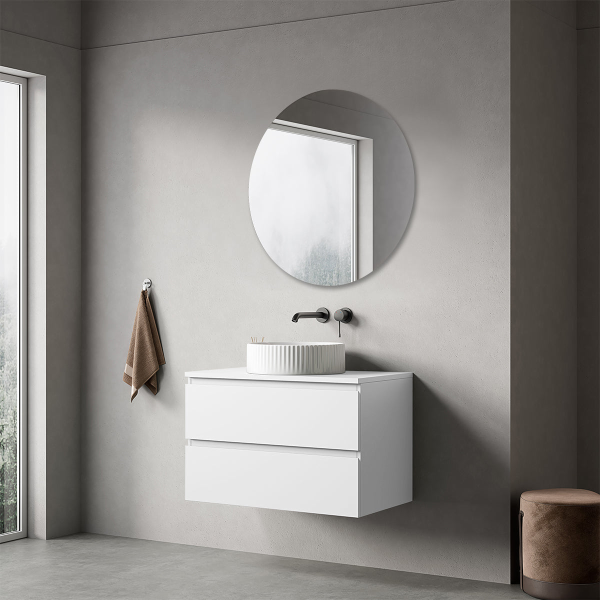 Mobile bagno sospeso 80 cm Bianco Opaco per Lavabo d'appoggio Specchio Tondo - Fiji Paint Top