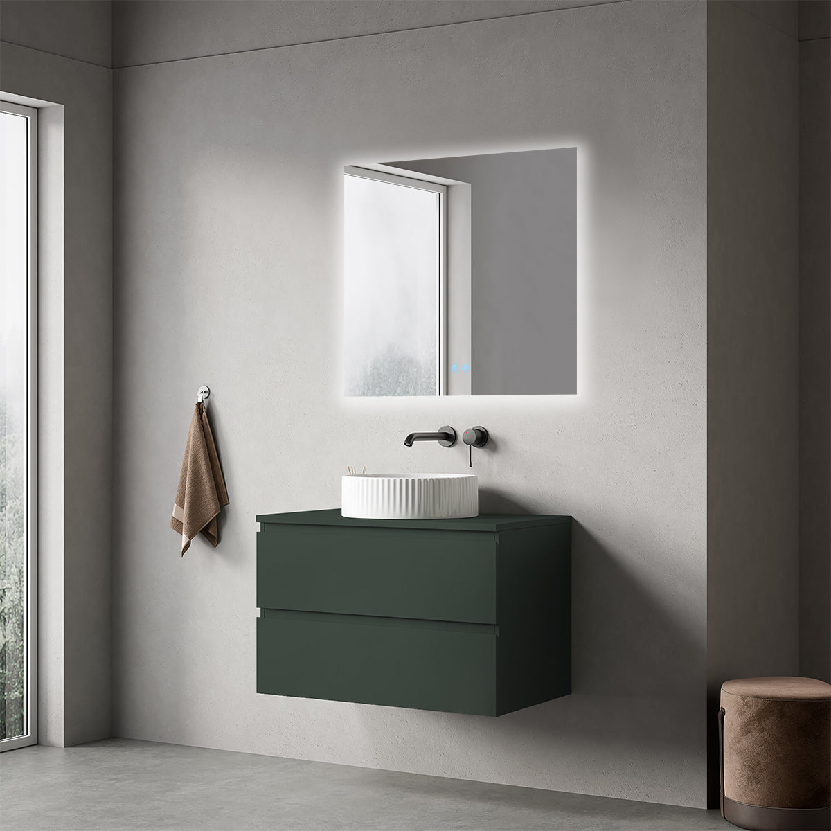 Mobile bagno sospeso 80 cm Verde Comodoro per Lavabo d'appoggio Specchio Quadro Retroilluminato - Fiji Paint Top