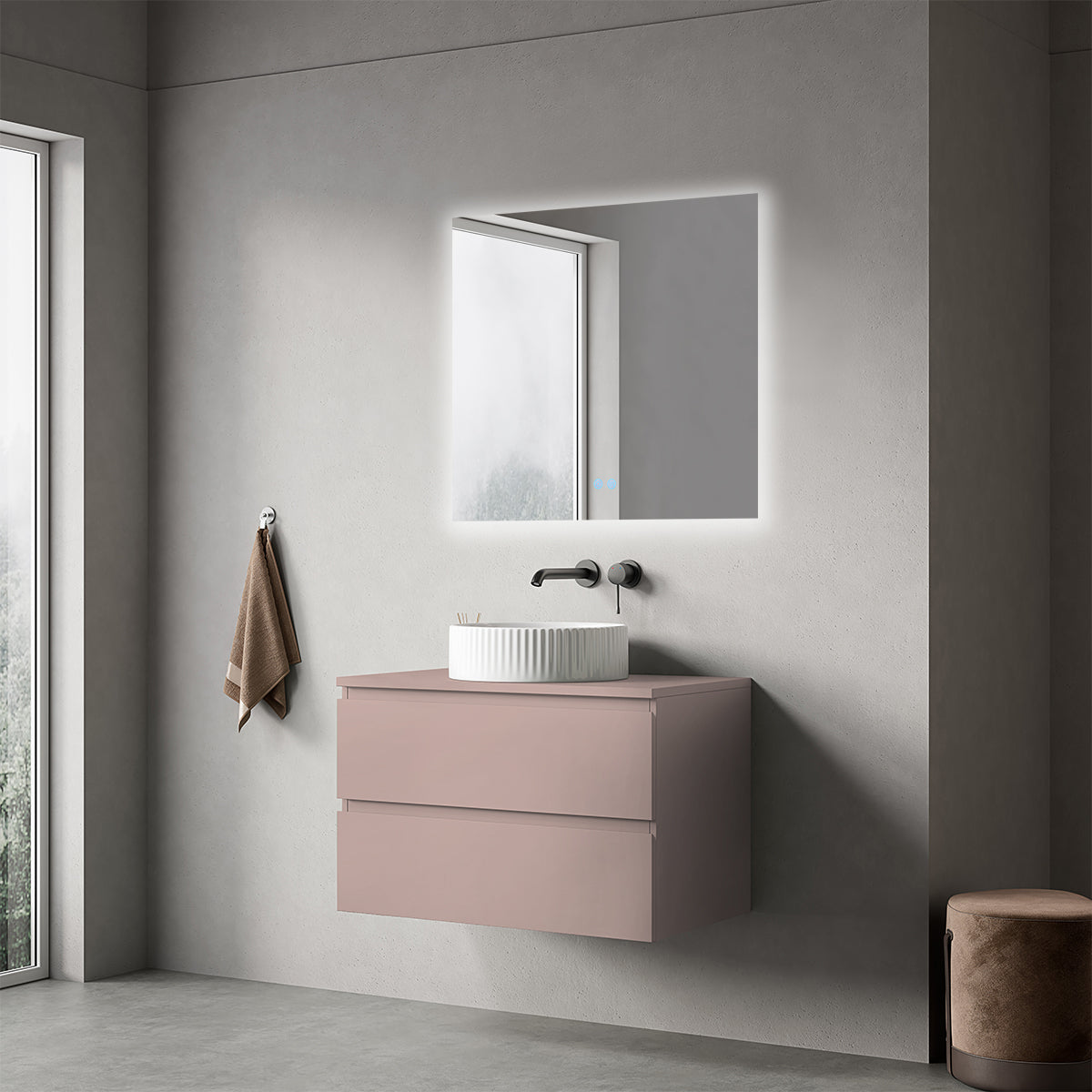 Mobile bagno sospeso 80 cm Rosa Retrò per Lavabo d'appoggio Specchio Quadro Retroilluminato - Fiji Paint Top