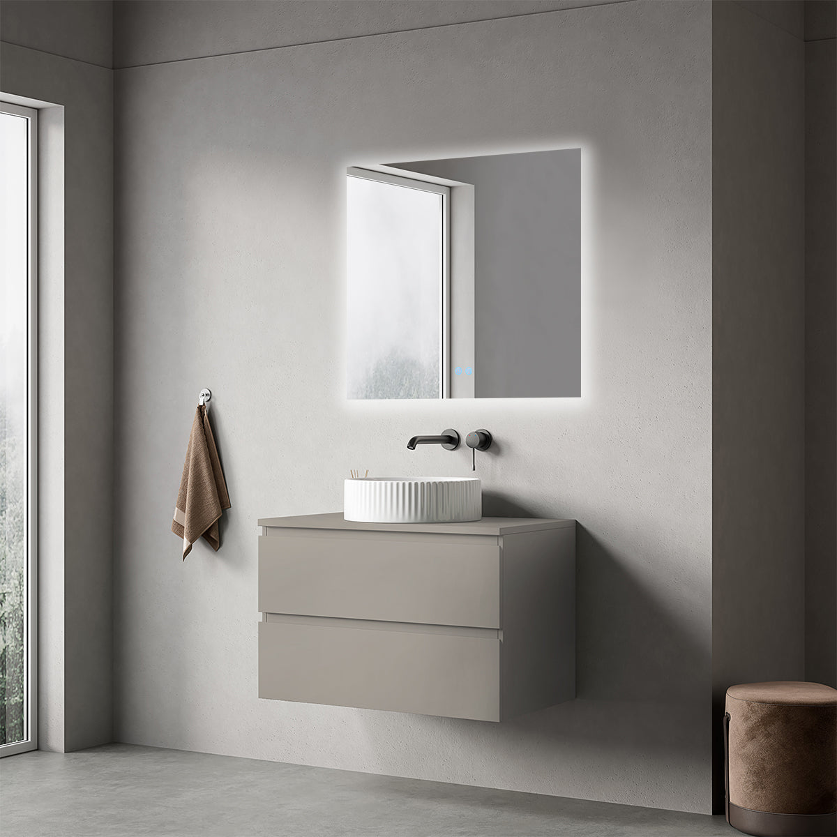 Mobile bagno sospeso 80 cm Grigio Cenere per Lavabo d'appoggio Specchio Quadro Retroilluminato - Fiji Paint Top