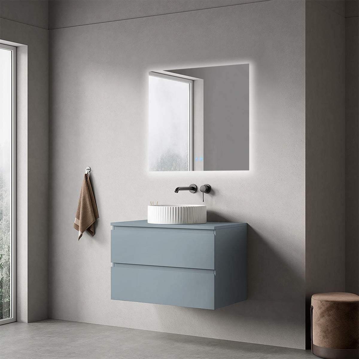 Mobile bagno sospeso 80 cm Blu Avio per Lavabo d'appoggio Specchio Quadro Retroilluminato - Fiji Paint Top