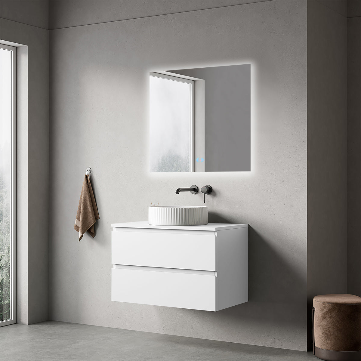 Mobile bagno sospeso 80 cm Bianco Opaco per Lavabo d'appoggio Specchio Quadro Retroilluminato - Fiji Paint Top