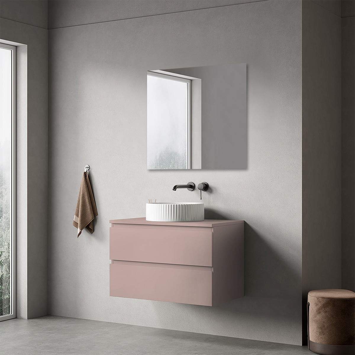 Mobile bagno sospeso 80 cm Rosa Retrò per Lavabo d'appoggio Specchio Quadro - Fiji Paint Top
