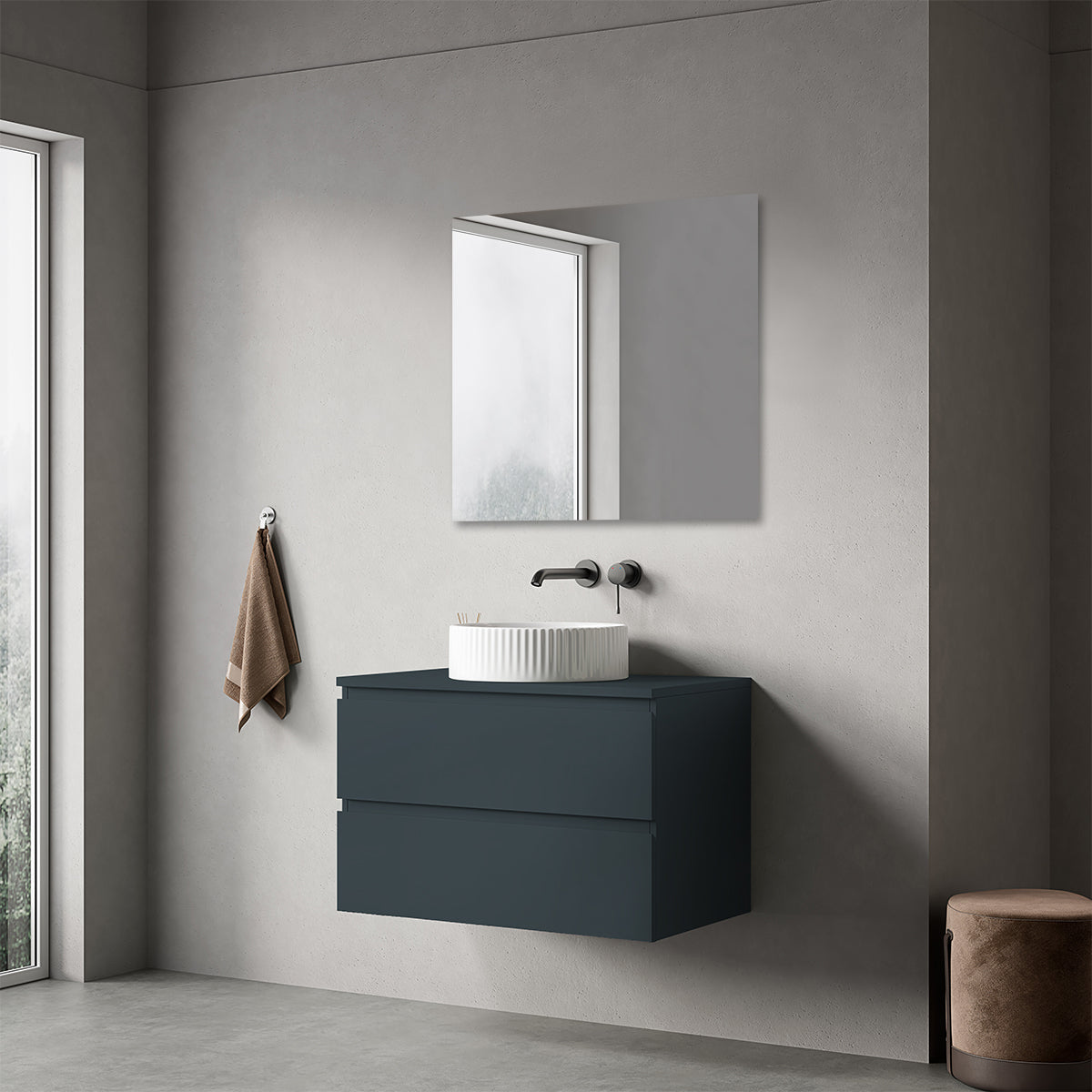 Mobile bagno sospeso 80 cm Blu Mare per Lavabo d'appoggio Specchio Quadro - Fiji Paint Top