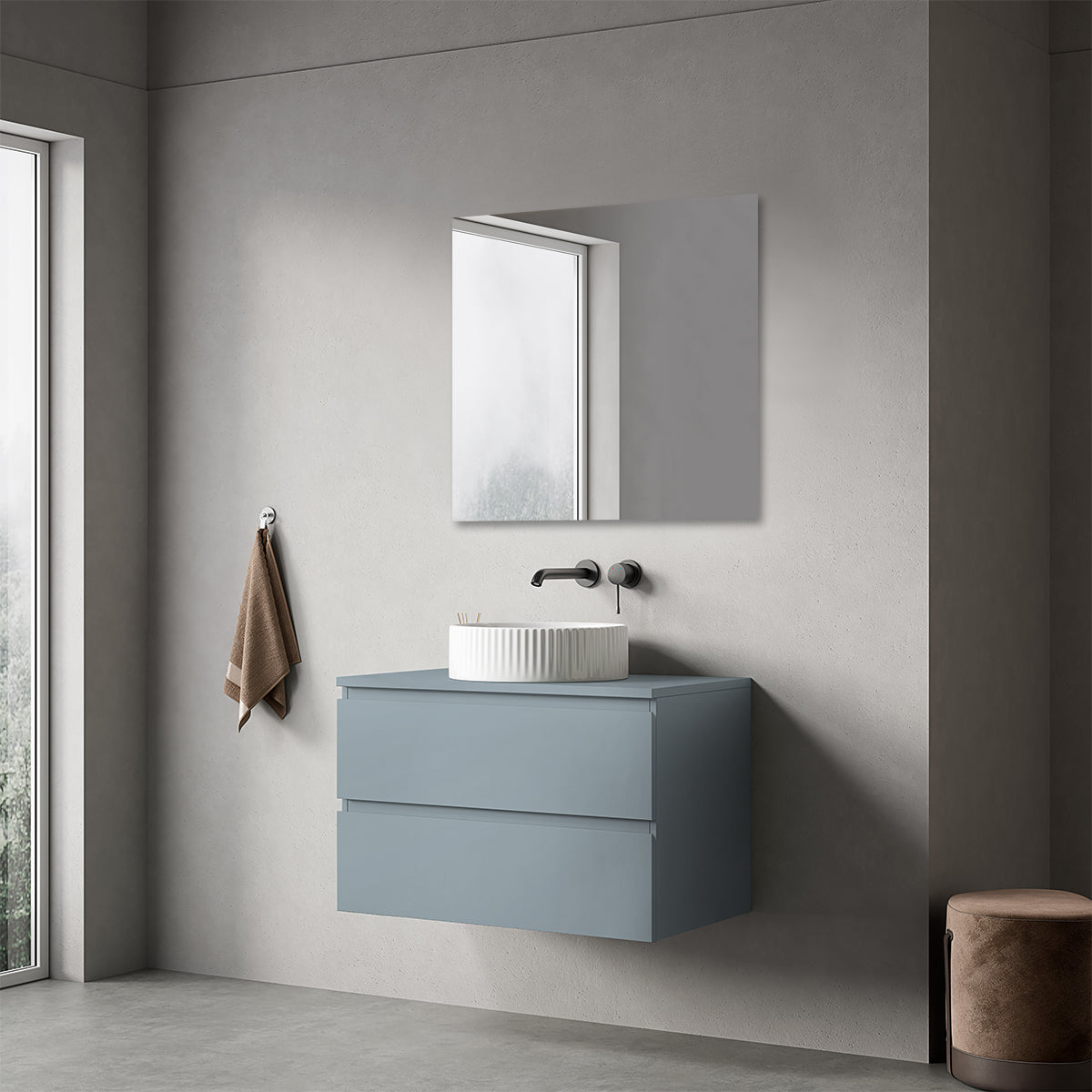 Mobile bagno sospeso 80 cm Blu Avio per Lavabo d'appoggio Specchio Quadro - Fiji Paint Top