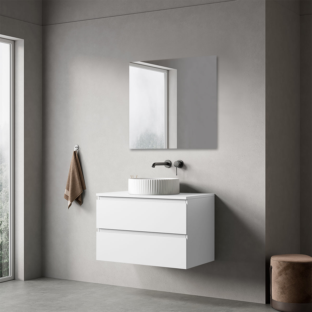 Mobile bagno sospeso 80 cm Bianco Opaco per Lavabo d'appoggio Specchio Quadro - Fiji Paint Top