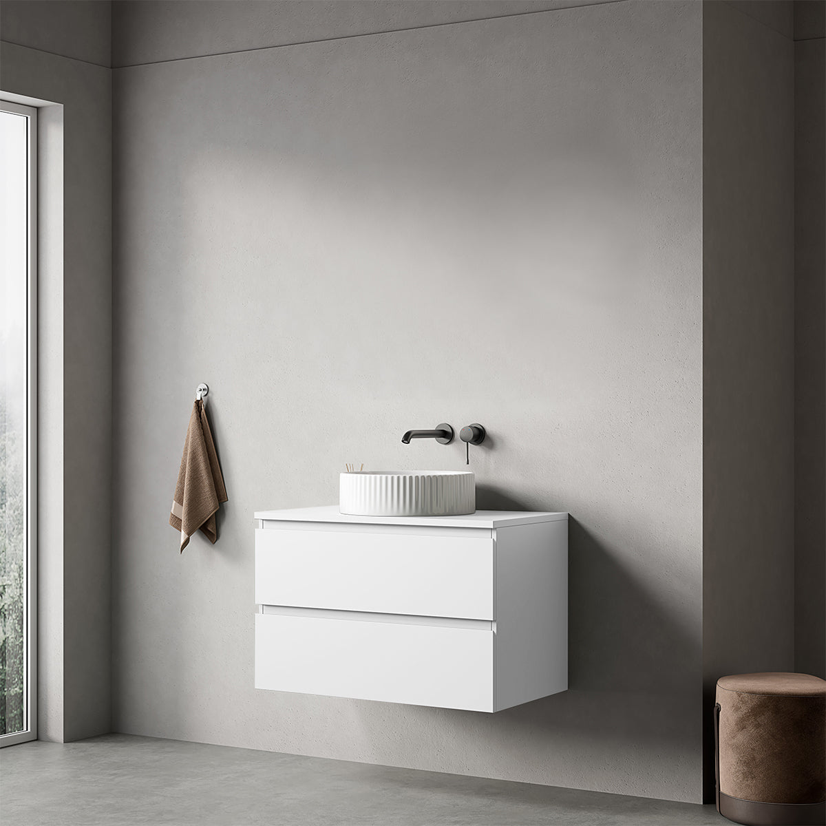 Mobile bagno sospeso 80 cm Bianco Opaco per Lavabo d'appoggio Senza Specchio - Fiji Paint Top