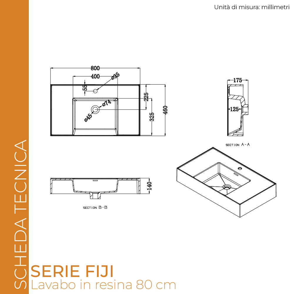 Lavabo centrale in resina 80 cm - Fiji Meda (25688769)