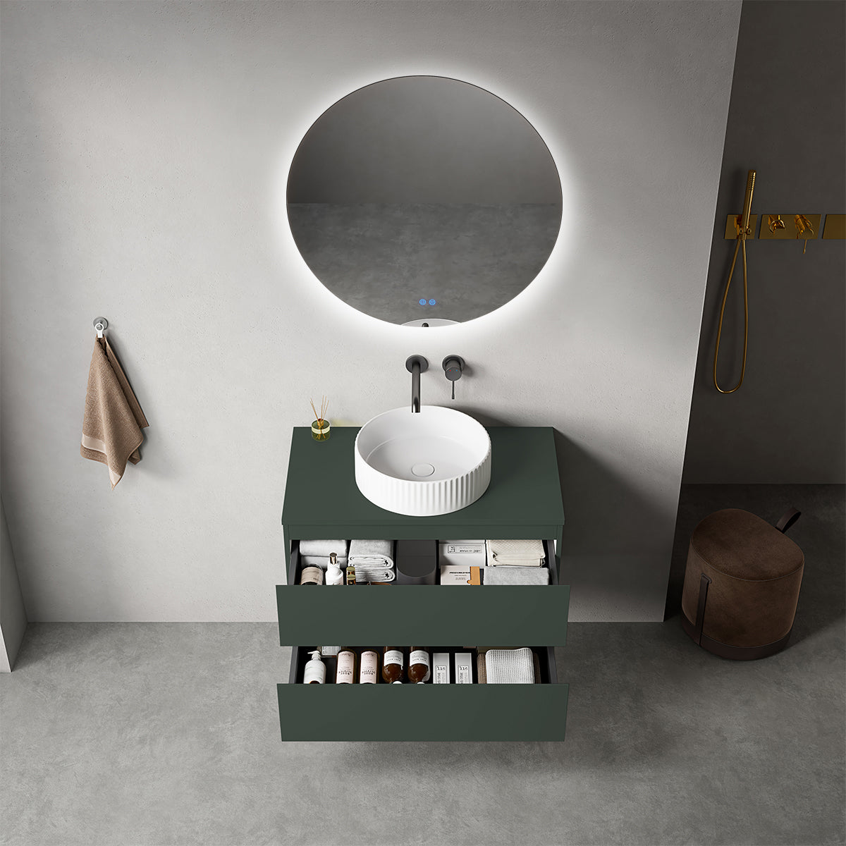 Mobile bagno sospeso 80 cm Verde Comodoro per Lavabo d'appoggio Specchio Tondo Retroilluminato - Fiji Paint Top