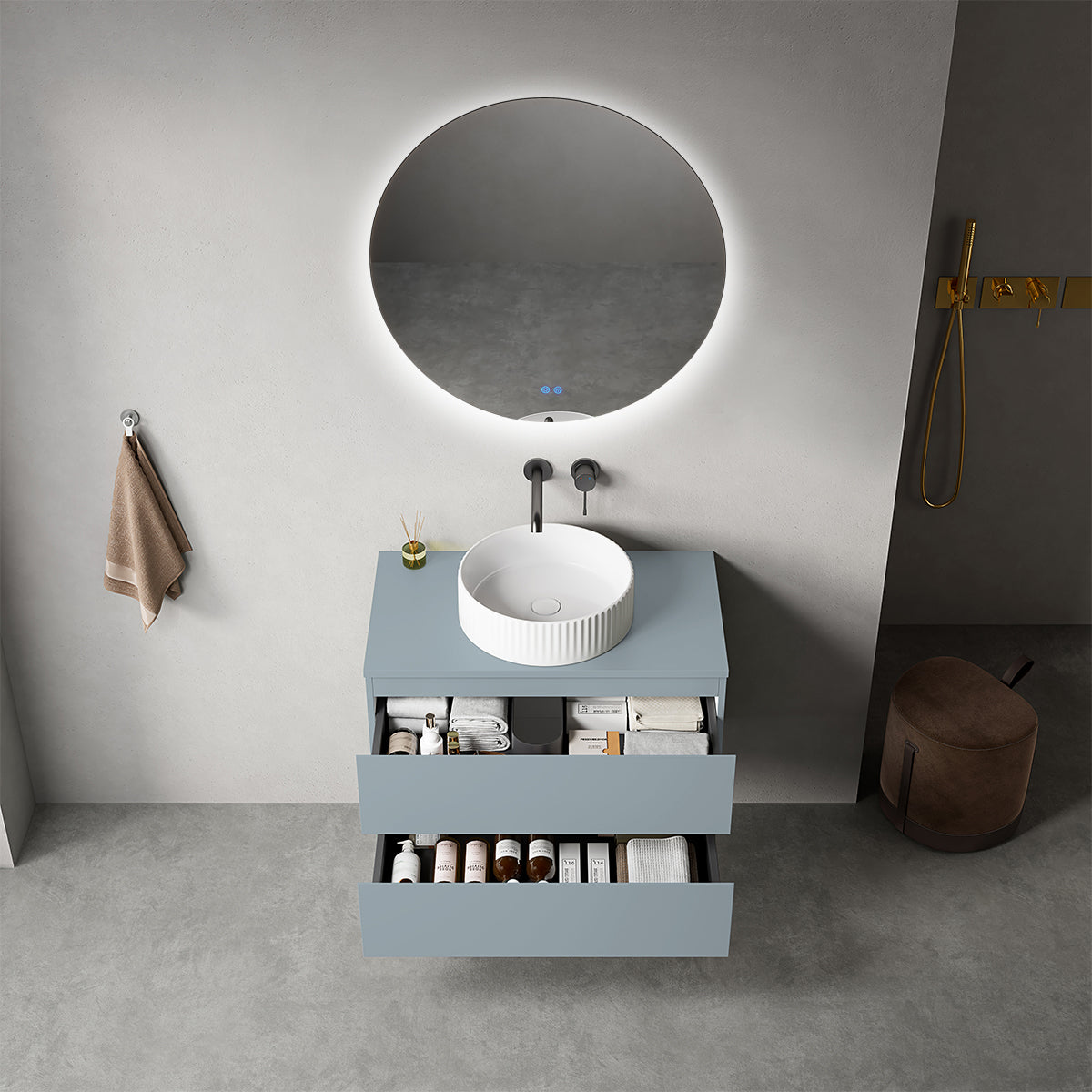 Mobile bagno sospeso 80 cm Blu Avio per Lavabo d'appoggio Specchio Tondo Retroilluminato - Fiji Paint Top