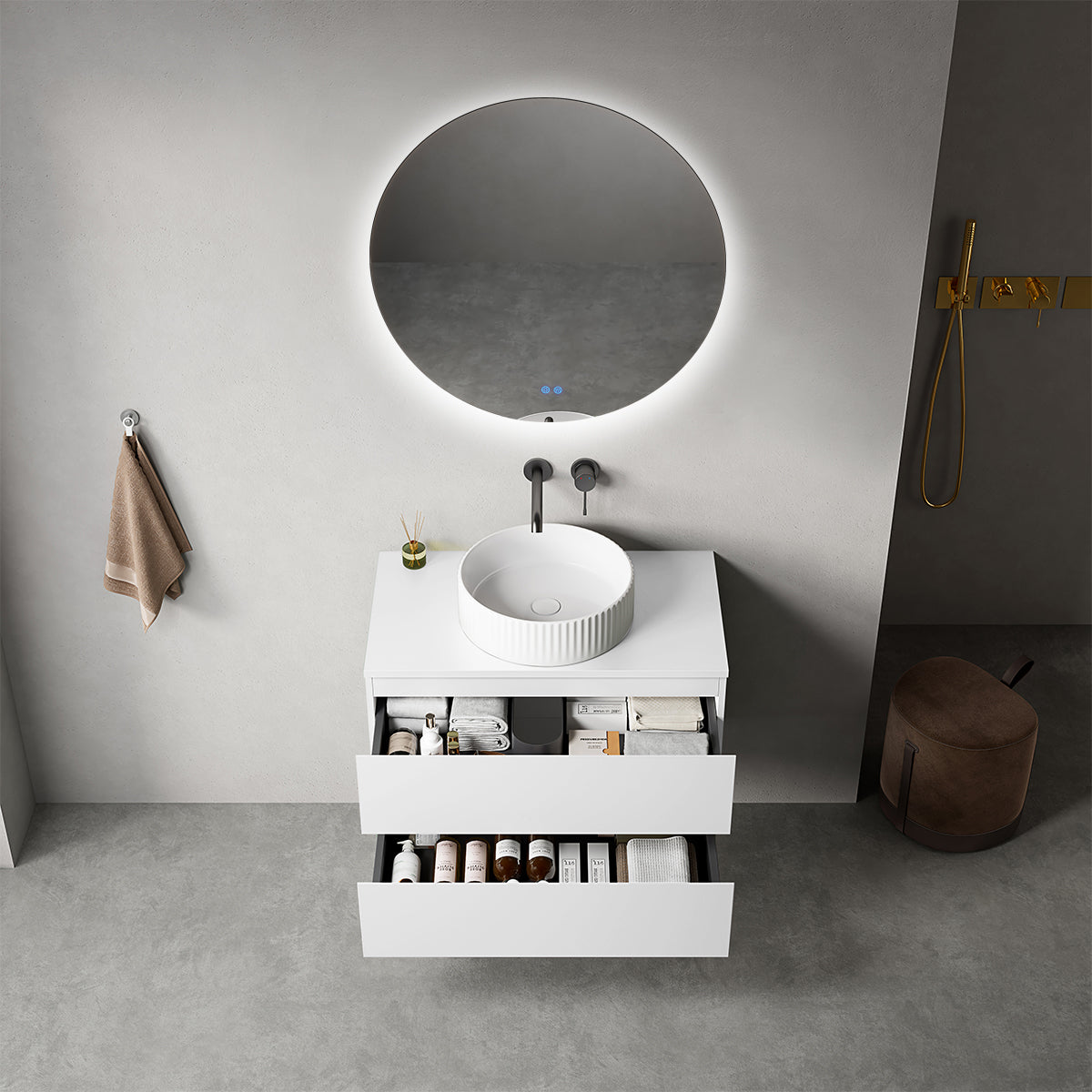 Mobile bagno sospeso 80 cm Bianco Opaco per Lavabo d'appoggio Specchio Tondo Retroilluminato - Fiji Paint Top