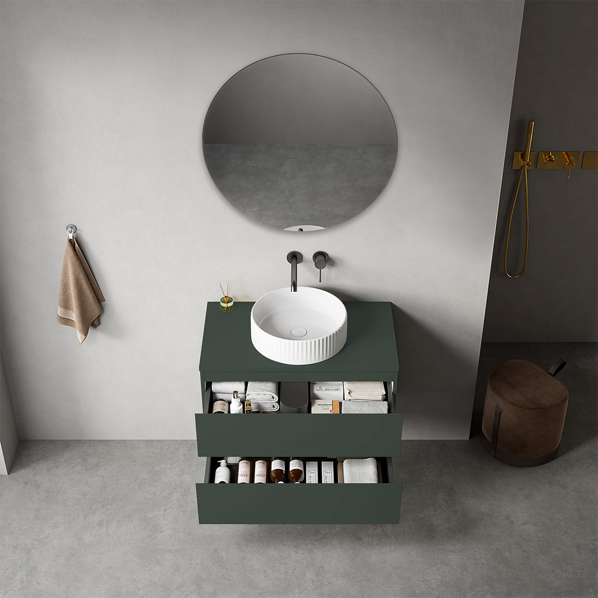 Mobile bagno sospeso 80 cm Verde Comodoro per Lavabo d'appoggio Specchio Tondo - Fiji Paint Top