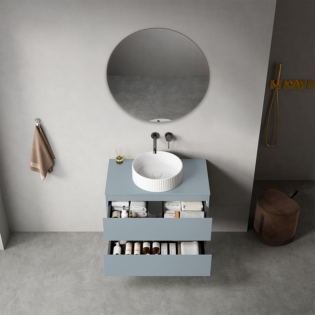 Mobile bagno sospeso 80 cm Blu Avio per Lavabo d'appoggio Specchio Tondo - Fiji Paint Top