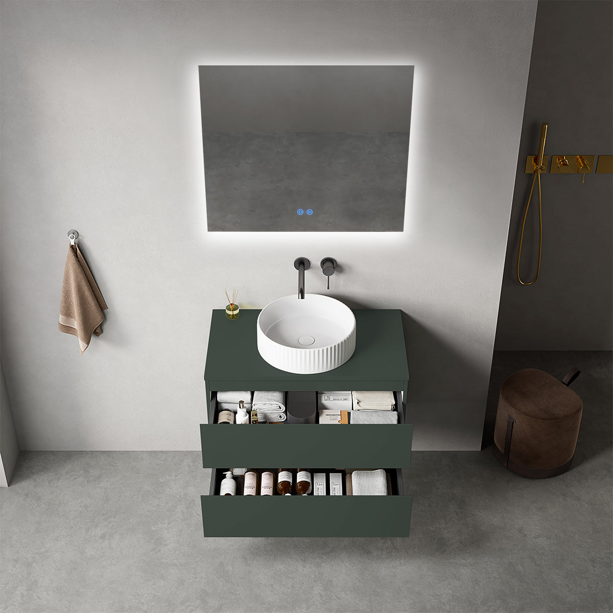 Mobile bagno sospeso 80 cm Verde Comodoro per Lavabo d'appoggio Specchio Quadro Retroilluminato - Fiji Paint Top