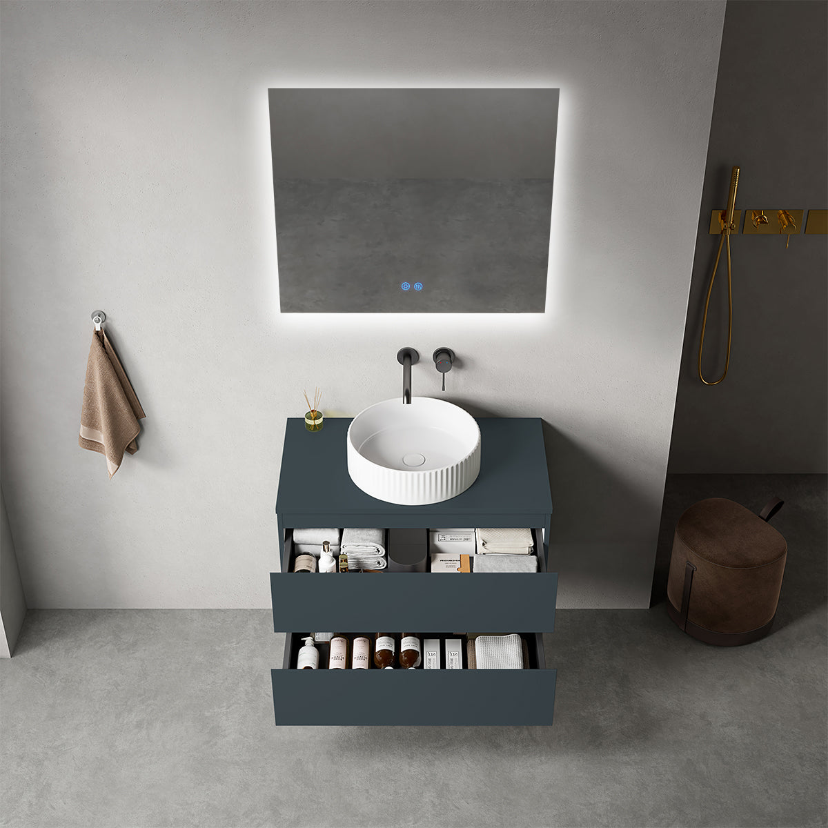 Mobile bagno sospeso 80 cm Blu Mare per Lavabo d'appoggio Specchio Quadro Retroilluminato - Fiji Paint Top