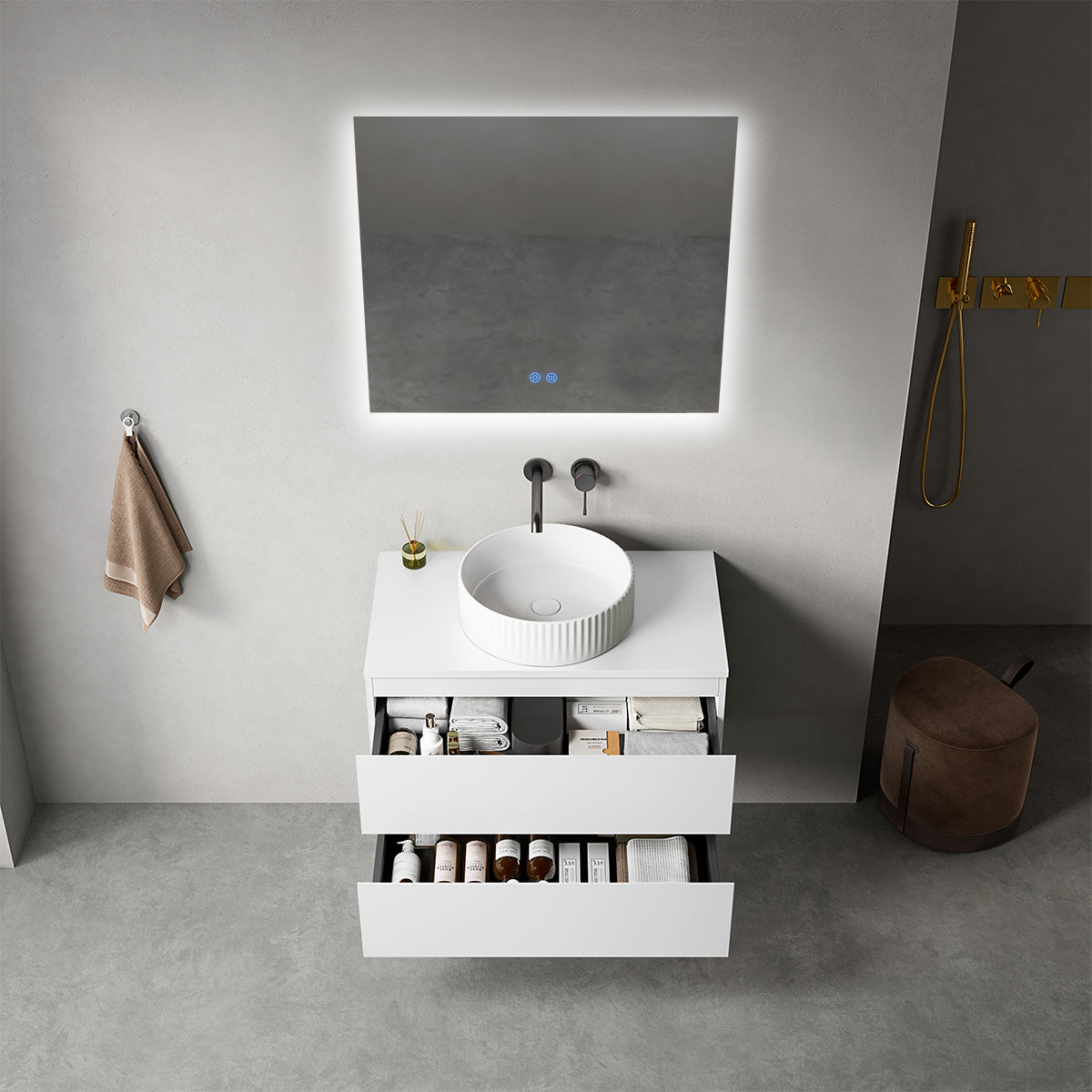 Mobile bagno sospeso 80 cm Bianco Opaco per Lavabo d'appoggio Specchio Quadro Retroilluminato - Fiji Paint Top