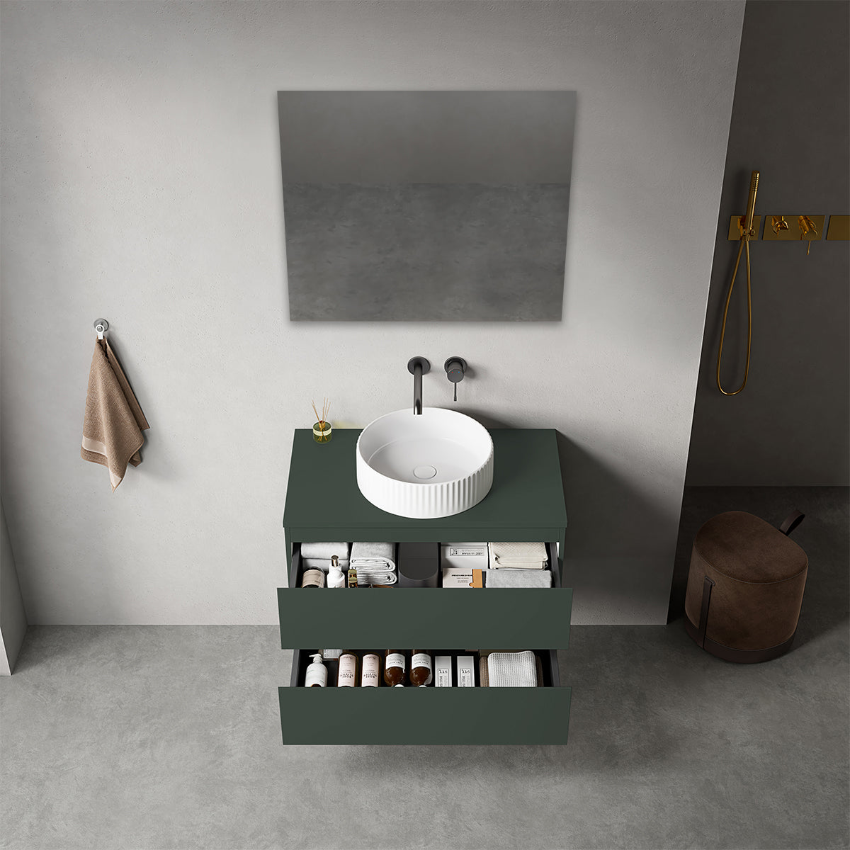 Mobile bagno sospeso 80 cm Verde Comodoro per Lavabo d'appoggio Specchio Quadro - Fiji Paint Top