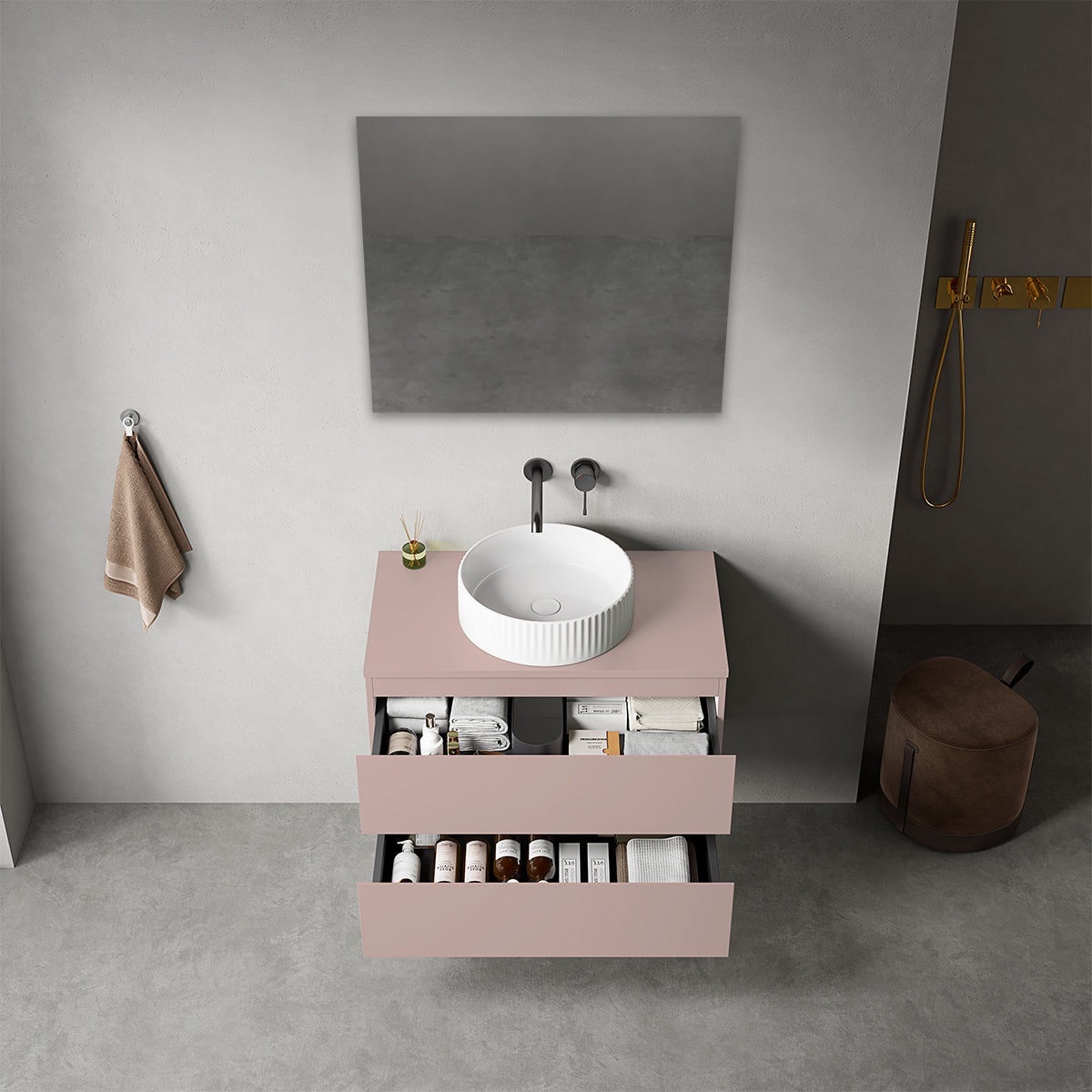 Mobile bagno sospeso 80 cm Rosa Retrò per Lavabo d'appoggio Specchio Quadro - Fiji Paint Top