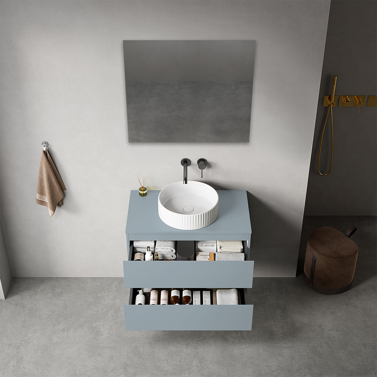 Mobile bagno sospeso 80 cm Blu Avio per Lavabo d'appoggio Specchio Quadro - Fiji Paint Top