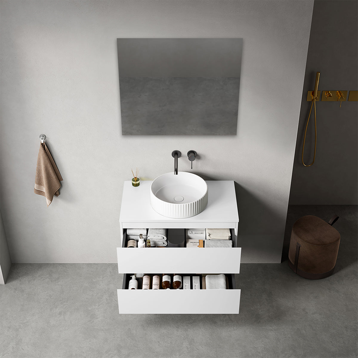 Mobile bagno sospeso 80 cm Bianco Opaco per Lavabo d'appoggio Specchio Quadro - Fiji Paint Top